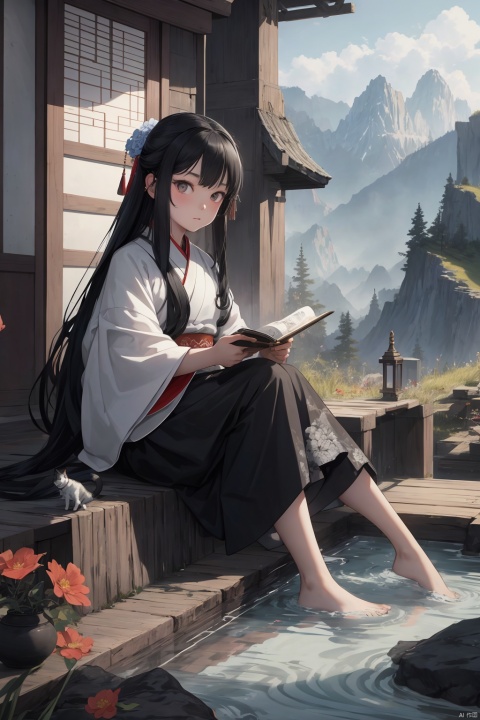 A young girl with long black hair, big eyes, holding a gray cat in her hand, sitting quietly, looking at the audience. The scenery background, ink style, mountains, trees, flowing water, girl, cat, bird, flower, grass, future world, super fantasy, depth of field effect, optimal ratio, 8K - HD, high-resolution, AI Traditional Ink Painting