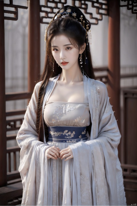Female, brown hair, long hair, dark eyes, lips parted, lifelike, half-length, Chinese hanfu, delicate facial details, conservative dress, no bare breasts.