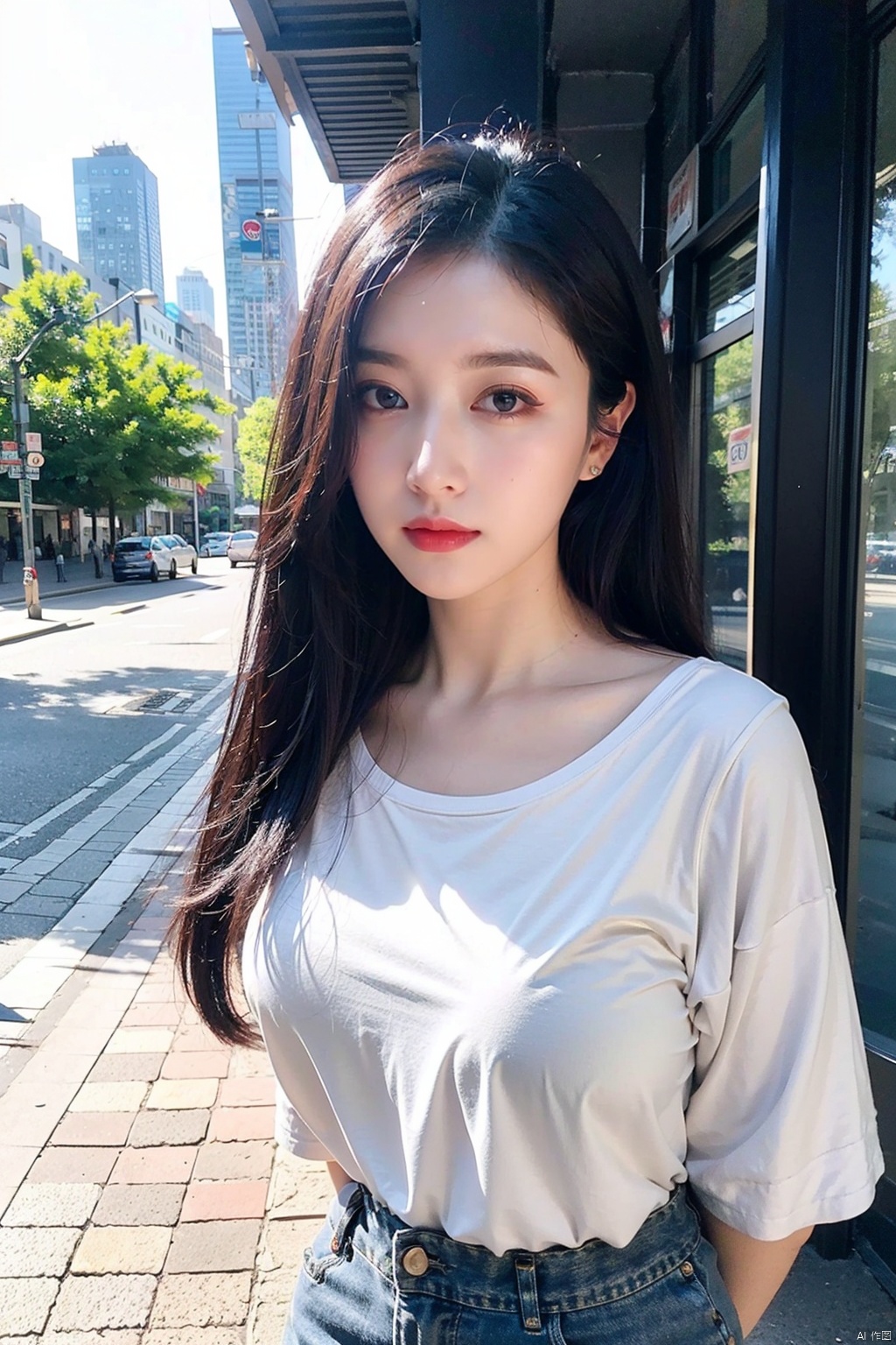 Best quality, very delicate and beautiful, shock, fine details, masterpiece, best quality, pure, lovely, full hips, high chest, beautiful, detailed eyes, casual hair, 1 girl, facing the camera, city background