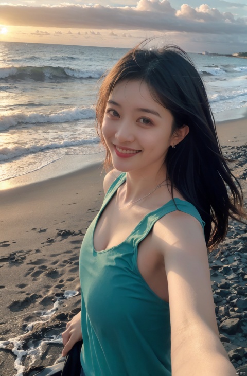  1 Girl, Selfie, Sea, Wind, Messy Hair, Sunset, Beach, (Aesthetics & Atmosphere: 1.2), Black Tank Top, Smile