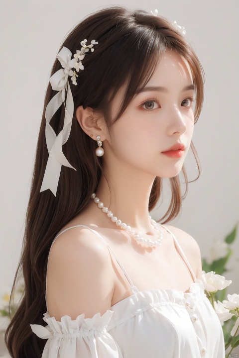 TM, 1 Girl, Jewelry, Solo, Blurred Background, Branching, Upper Body, Long Hair, Hair Ribbon, Earrings, White Ribbon, Flowers, Brown Hair, Split Lips, Dress, Look to One Side, Hair Accessories, Pearl Necklace, Black Hair, Bare Shoulders, Reality, Dress, Moyu