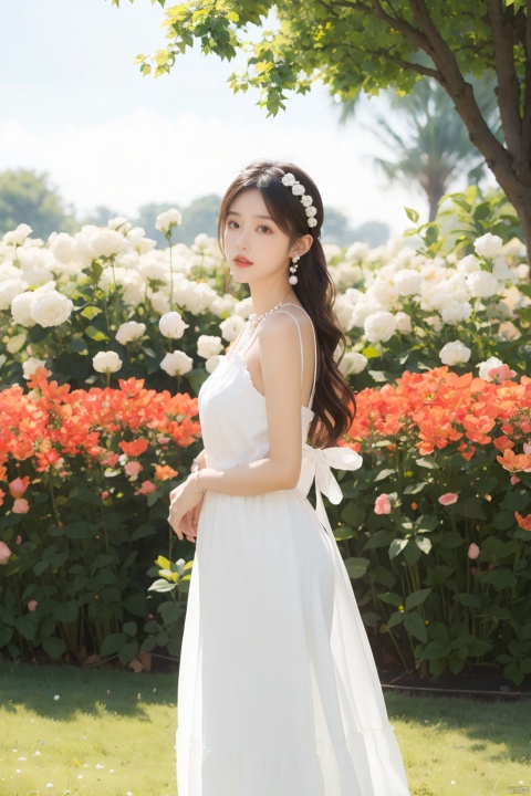 TM, 1 Girl, Jewelry, Solo, Blurred Background, Branching, Full Body, Long Hair, Headband, Earrings, White Ribbon, Flowers, Brown Hair, Split Lips, Dress, Look to One Side, Hair Accessories, Pearl Necklace, Black Hair, Bare Shoulders, Reality, Dress
