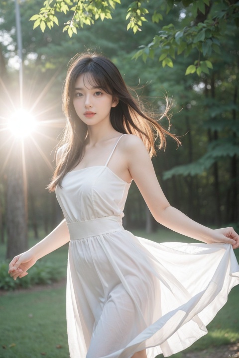 Soft lens defocus effect, capturing movement by blowing leaves and branches, using soft palette and cool background, embracing soft diffuse light, a young protagonist, medium length hair blowing in the breeze, wearing a long white dress, dancing in front of the camera, legs apart, strong gaze, facing the camera, standing in the ethereal forest background. The sun shines through the clothes to outline the perfect figure.