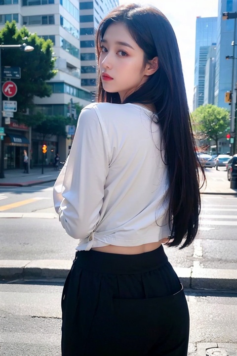  Best quality, very delicate and beautiful, shock, fine details, masterpiece, best quality, pure, lovely, full hips, high chest, beautiful, detailed eyes, random hair, 1 girl, back to camera, city background