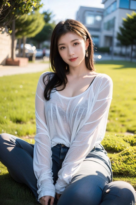  Best quality, very delicate and beautiful, shock, fine details, masterpiece, best quality, purity, smile, full hips, high chest, beautiful, detailed eyes, random hair, 1 girl, city background, sitting on the grass, all kinds of random photo poses