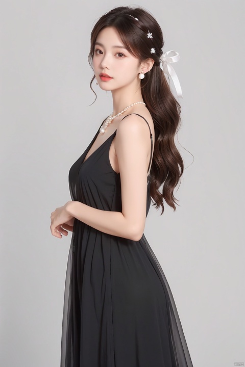 TM, 1 Girl, Jewelry, Solo, Full Body, Camera Facing, Long Hair, Headband, Earrings, White Ribbon, Flowers, Brown Hair, Split Lips, Dress, Look to One Side, Hair Accessories, Pearl Necklace, Black Hair, Bare Shoulders, Realistic, Translucent Dress,