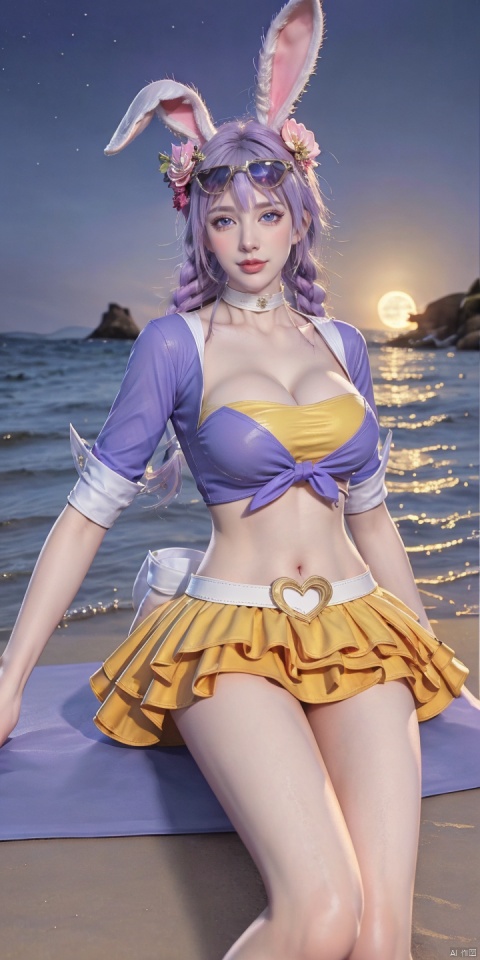  GSL,moon,night,scenery,star \(sky\),sky,night sky,full moon,starry sky,ocean,outdoors,horizon,tree,
1girl,solo,animal ears,rabbit ears,purple hair,skirt,eyewear on head,heart,braid,flower,navel,hair flower,looking at viewer,hair ornament,yellow skirt,twin braids,midriff,bracelet,jewelry,blue eyes,sunglasses,
shirt,tied shirt,choker,heart-shaped eyewear,belt,medium breasts,realistic,cropped jacket,crop top,white choker,
izayoi sakuya,bridal garter,miniskirt,(sitting:1.3), (raw photo:1.2),((photorealistic:1.4))best quality,masterpiece,illustration,an extremely delicate and beautiful,extremely detailed,CG,unity,8k wallpaper,Amazing,finely detail,masterpiece,best quality,official art,extremely detailed CG unity 8k wallpaper,absurdres,incredibly absurdres,huge filesize,ultra-detailed,highres,extremely detailed,beautiful detailed girl,cinematic lighting,1girl,pale skin,tall female,(perfect body shape),skinny body,Slender legs,, pale skin,tall man,long legs,thin leg,1girl, solo, long hair, breasts, looking at viewer, smile, bangs, blue eyes, skirt, large breasts, hair ornament, navel, animal ears, cleavage, jewelry, sitting, swimsuit, purple hair, flower, heart, bikini, earrings, outdoors, parted lips, sky, barefoot, choker, day, midriff, cloud, hair flower, nail polish, rabbit ears, bracelet, feet, blue sky, lips, toes, ocean, beach, sandals, sunglasses, red nails, eyewear on head, toenails, sand, toenail polish, purple bikini, bikini skirt, heart-shaped eyewear