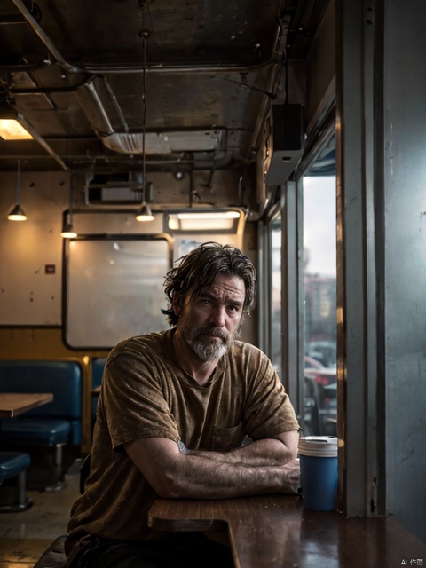  Gritty Portrait Photo of a weary,rugged individual sitting in a sparse,nondescript diner,illuminated by the stark,fluorescent light overhead