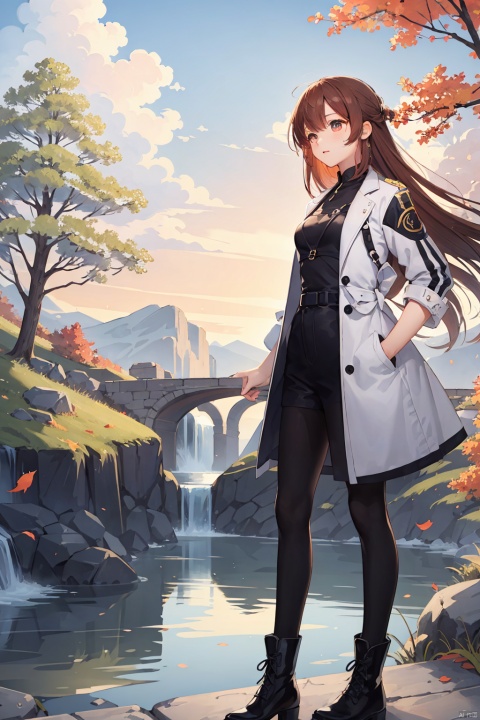 (Masterpiece, ultra detailed, hyper quality, best result) man wearing old time journey coat, standing in front of rocky woods on flying islands at sunset, waterfall on the foreground, leafs falling ,High detailed, xiaojuzi, taosu