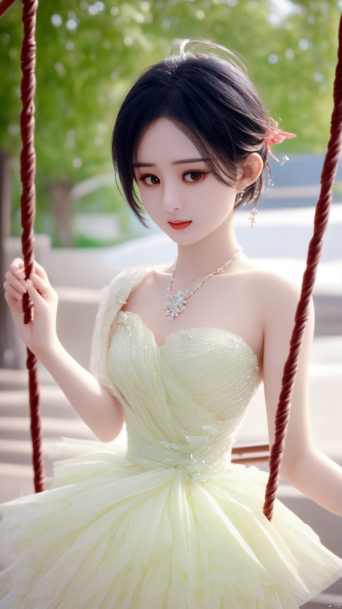 漂亮的美丽女孩儿。.
Very beautiful girl. 
Upper body short . Short-haired.
"Crystal necklace"
"Swinging on a swing."