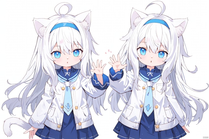 white hair, long hair, ahoge, cat ears, long sleeves, covering hand, blue hairband, blue neckwear, lineart, white background, hand raised,((loli)),1girls,