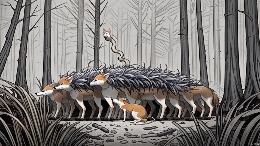 A fox, a weasel, a hedgehog, a snake, a mouse, and the background of the picture can be a dark forest, adding to the mysterious atmosphere., Gothic