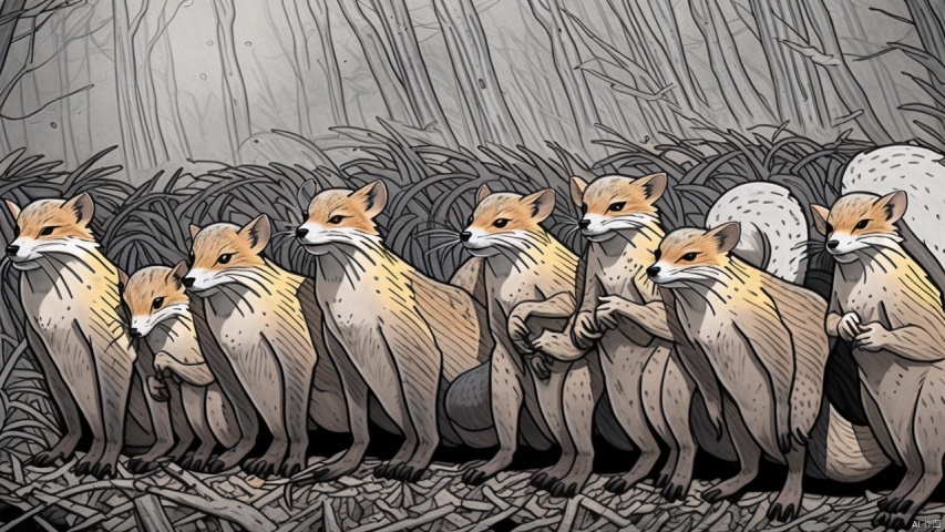 A fox, a weasel, a hedgehog, a snake, a mouse, and the background of the picture can be a dark forest, adding to the mysterious atmosphere., Gothic, FF