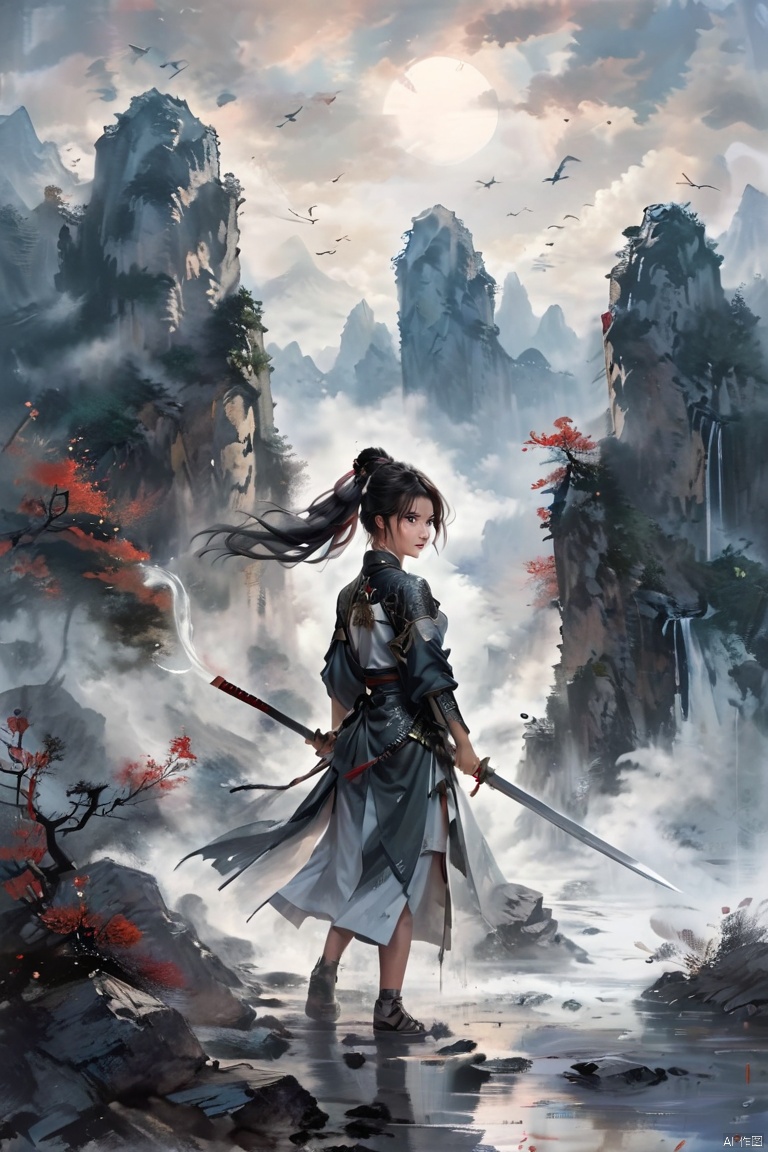  best quality, masterpiece, super high resolution, realistic, a girl, 
wide shot,dynamic angle,full body ,
A Chinese woman with a high ponytail hairstyle, black hair, carrying a sword on her back,
through the rugged mountains,, 1girl, 1boy,Chinese dragon, Illustration