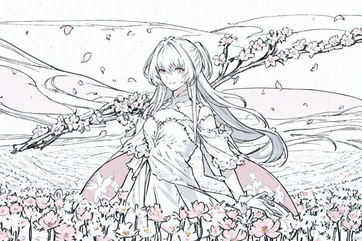 masterpiece,best quality,lady_avalon_(fate), 1girl, solo, looking_at_viewer, smile,petals,flowers meadows,landscape,white and pink flowers, line anime