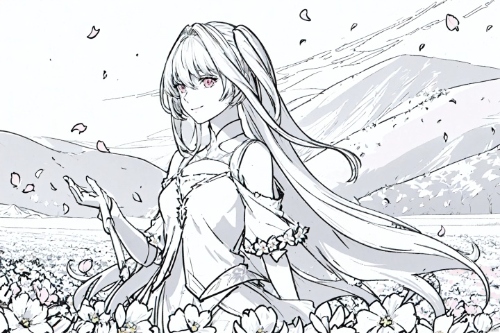 masterpiece,best quality,lady_avalon_(fate), 1girl, solo, looking_at_viewer, smile,petals,flowers meadows,landscape,white and pink flowers, line anime