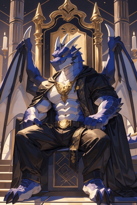  Man, solo, dragon, healthy build, thinner, golden pupils, dragon wings, dark purple skin, tail, black coat with gold rim, black pants, dark cape, sitting position, throne, hands on armrests, smile, indoor, Western Phantom architecture,