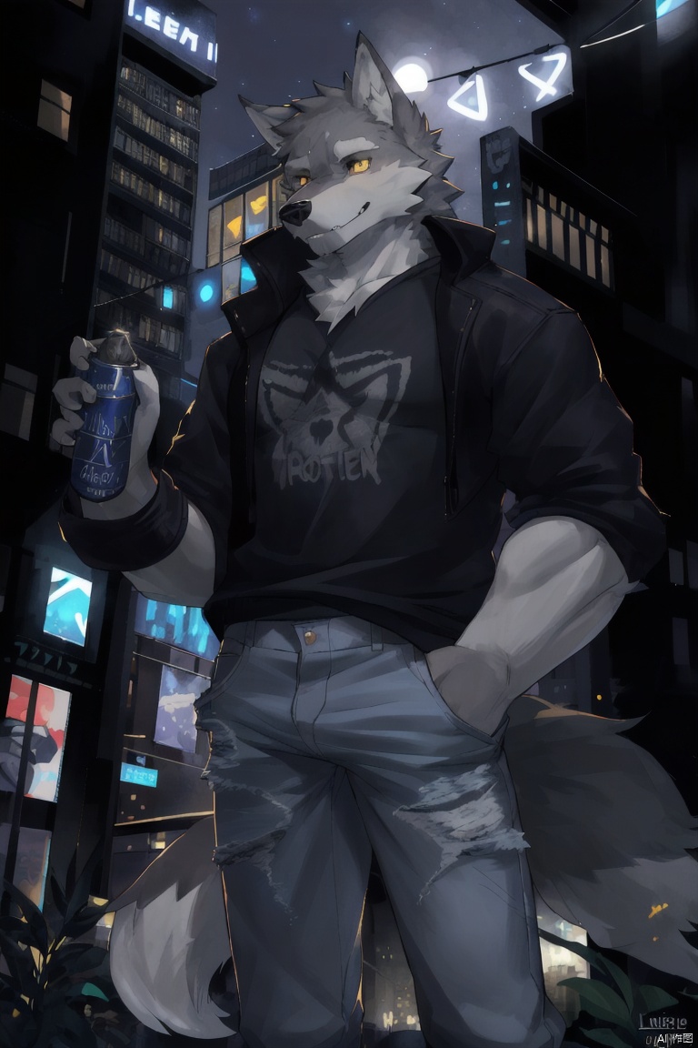  Man, correct body structure, correct finger structure, face, correct, starry sky, light, correct pupil structure, single, thin, Wolf, grey fuzz, tail, black top, white graffiti underwear, blue-grey jeans, right hand in pocket, left hand bottle of can in front of mouth, golden pupil, half shot, city background, warm light, plants, Handsome,