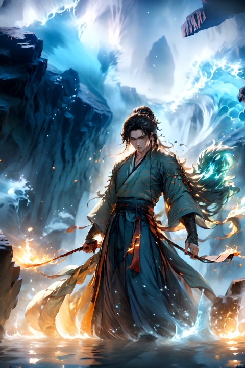1 Middle-aged man, upper body, dynamic pose,Hanfu,burning hair, shut up, evening, floating hair, liquid, flowing water, water magic, liquid fire, long hair, looking at the audience, ocean, solo, In front of the dark cave,There is an inverted sword behind him,dark,dark sky,cave,Deep darkness