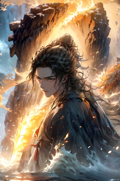 1 boy, upper body, dynamic pose,Hanfu,burning hair, shut up, evening, floating hair, liquid, flowing water, water magic, liquid fire, long hair, looking at the audience, ocean, partially submerged, solo, In front of the dark cave,There is an inverted sword behind him,dark,dark sky,cave,Deep darkness