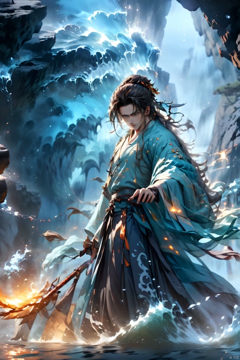1 Middle-aged man, upper body, dynamic pose,Hanfu,burning hair, shut up, evening, floating hair, liquid, flowing water, water magic, liquid fire, long hair, looking at the audience, ocean, solo, In front of the dark cave,There is an inverted sword behind him,dark,dark sky,cave,Deep darkness