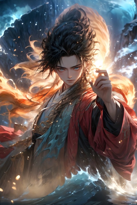 1 boy, upper body, dynamic pose,Hanfu,burning hair, shut up, evening, floating hair, liquid, flowing water, water magic, liquid fire, long hair, looking at the audience, ocean, partially submerged, solo, In front of the dark cave,There is an inverted sword behind him,dark,dark sky,cave,Deep darkness, wujie