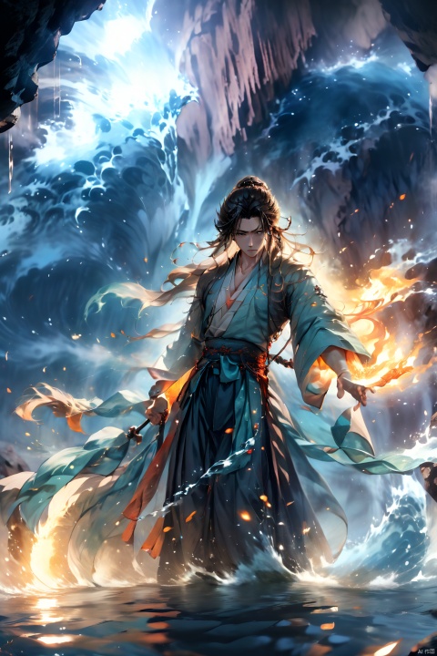 1 Middle-aged man, upper body, dynamic pose,Hanfu,burning hair, shut up, evening, floating hair, liquid, flowing water, water magic, liquid fire, long hair, looking at the audience, ocean, solo, In front of the dark cave,There is an inverted sword behind him,dark,dark sky,cave,Deep darkness,Back