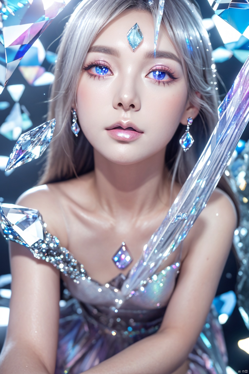  masterpiece,best quality,masterpiece,best quality,official art,extremely detailed CG unity 16k wallpaper,masterpiece,thigh,((1girl)),(science fiction:1.1),(ultra-detailed crystallization:1.5),(crystallizing girl:1.5),kaleidoscope,((iridescent:1.5) long hair),(glittering silver eyes),sitting,surrounded by colorful crystals,blue skin,(skin fusion with crystal:1.8),looking up,face focus,simple dress,transparent crystals,flat dark background,lens flare,prism, 1 girl,between_breasts