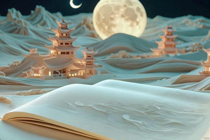 (moon:1.1),open book,hanfu,robe,tree,night,crescent moon,picture scroll,Mountains,river,Green and white