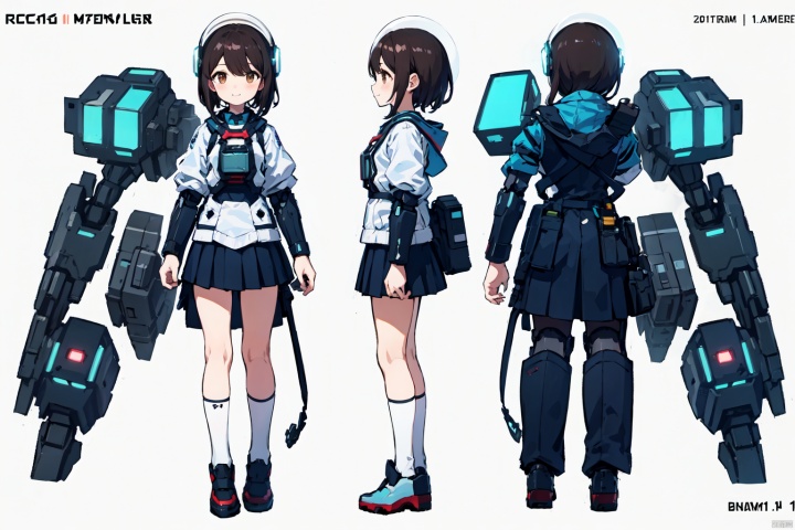  1 girl,short skirt,brown long hair,socks,smile,standing,brown eyes,whole body,simple background,white background,silver,best quality,high-level,kawaii,three views, cyberpunk, mecha_robot, (((The cyber helmet covers the whole fac,（frame arms girl:1.1）