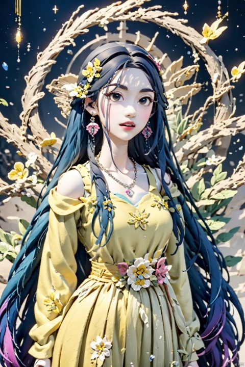  1girl,Bangs, off shoulder, colorful_hair, ((colorful hair)),golden dress, yellow eyes, chest, necklace, pink dress, earrings, floating hair, jewelry, sleeveless, very long hair,Looking at the observer, parted lips, pierced,energy,electricity,magic,tifa,sssr,blonde hair,jujingyi, wangyushan, dofas, 1 girl,full body, between_breasts, bon_clay
