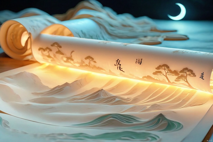 (moon:1.1),open book,hanfu,robe,tree,night,crescent moon,picture scroll,Mountains,river,Green and white