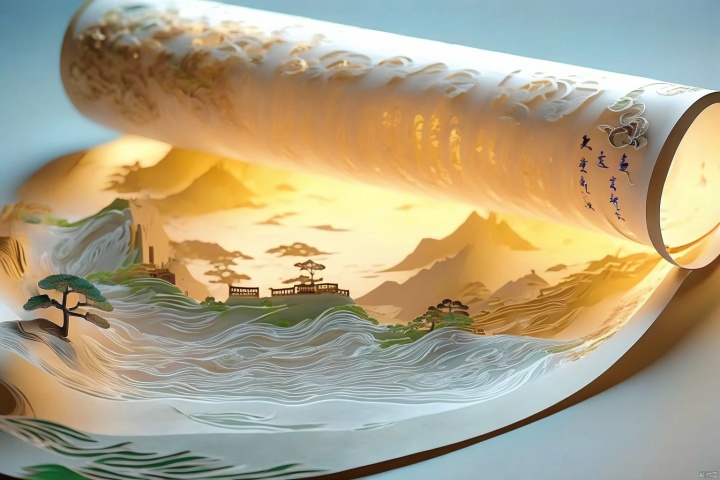 (moon:1.1),open book,hanfu,robe,tree,night,crescent moon,picture scroll,Mountains,river,Green and white