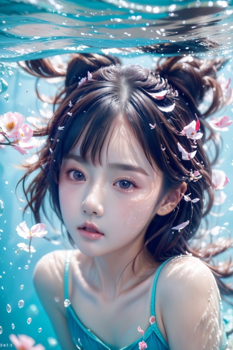  best quality, masterpiece,little girl,12 years old,beautiful detailed eyes,aqua eyes,solo,bunches,bangs,cute face,swimsuit,Playing in the water by the beach,realistic,8k, xiqing,falling petals, real skin, underwater
