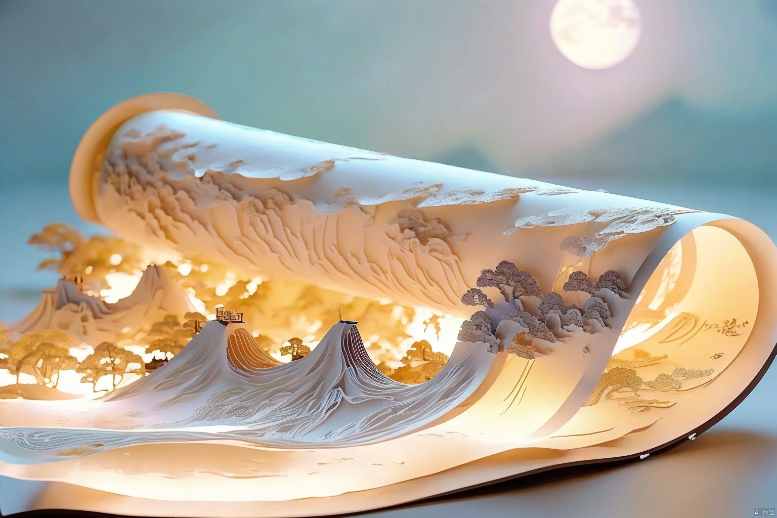 (moon:1.1),open book,hanfu,robe,tree,night,crescent moon,picture scroll,Mountains,river,