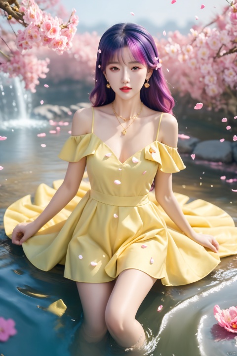  1girl,Bangs, off shoulder, colorful_hair, ((colorful hair)),golden dress, yellow eyes, chest, necklace, pink dress, earrings, floating hair, jewelry, sleeveless, very long hair,Looking at the observer, parted lips, pierced,energy,electricity,magic,tifa,sssr,blonde hair,jujingyi, wangyushan, dofas, forehead mark, falling petals,running water, real skin