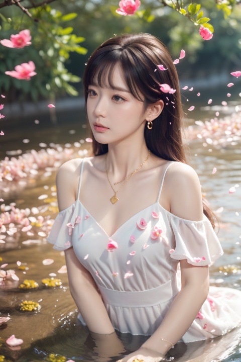  1girl,Bangs, off shoulder, colorful_hair, golden dress, yellow eyes, chest, necklace, pink dress, earrings, floating hair, jewelry, sleeveless, very long hair,Looking at the observer, parted lips, pierced,energy,electricity,magic,tifa,sssr,blonde hair,jujingyi, wangyushan, dofas, forehead mark, falling petals,running water, real skin