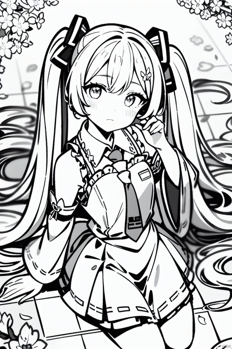 (best quality),((masterpiece)),(highres),illustration,original,extremely detailed wallpaper,1girl,long hair,monochrome,solo,greyscale,twintails,chibi,very long hair,detached sleeves,lineart,necktie,sakura miku,petals,skirt,