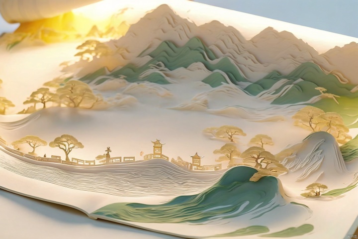 (moon:1.1),open book,hanfu,robe,tree,night,crescent moon,picture scroll,Mountains,river,Green and white