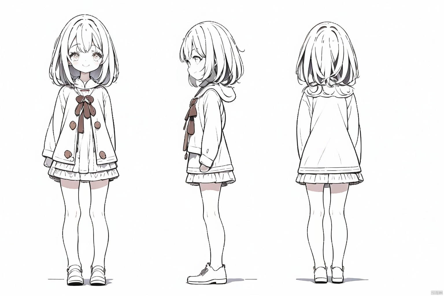 lineart,(three views:1.3),(front view:1.2),(side view:1.2),(back view:1.2),1 girl,short skirt,brown long hair,socks,smile,standing,brown eyes,whole body,simple background,white background,silver,best quality,high-level,