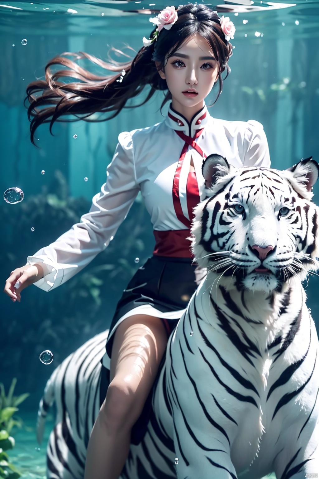 underwater,BDRESS,1girl\(eyes\(dark amber, crystal clear, long and slender eyelashes\), nose\(tall, tip of nose slightly tilted\), lips\(rose color, well-defined lip line\), hairstyle\( Black hair, smooth and shiny, hair accessories, hair flowers, slightly wavy at the ends\), skin\(fair, flawless, as delicate as porcelain\), (wide sleeves, long sleeves, sleeves beyond the fingers), (riding a white tiger , huge, left and right, side saddle)), beholder, flowing hair, masterpiece, best quality, Unreal Engine 5 rendering, movie lighting, movie footage, movie special effects, detailed details, HDR, UHD, 8K, CG wallpaper