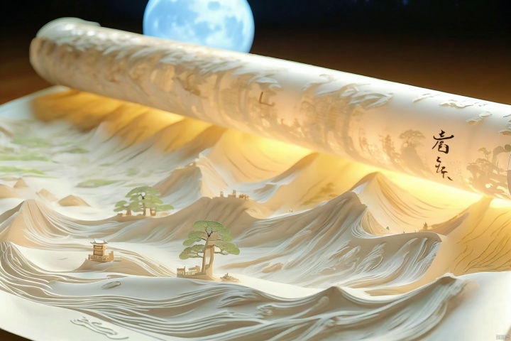 (moon:1.1),open book,hanfu,robe,tree,night,crescent moon,picture scroll,Mountains,river,Green and white