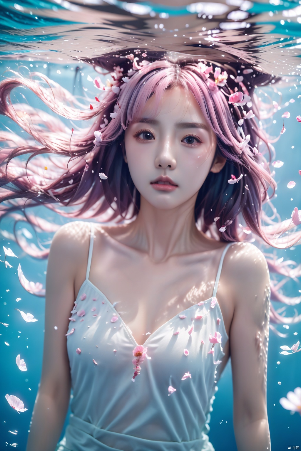  pink hair .Messy long hair. Delicate skin with. Upper body. 1girl, 1girl, wangyushan,falling petals, real skin, underwater