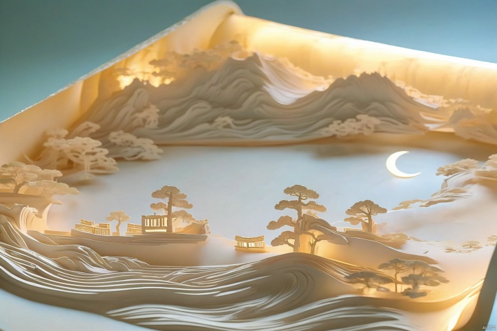 (moon:1.1),open book,hanfu,robe,tree,night,crescent moon,picture scroll,Mountains,river,Green and white