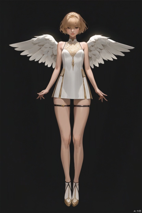 (best quality), ((masterpiece)), (highres), illustration, original, extremely detailed,1girl, solo, wings, short hair, angel wings, hair over eyes, full body, dress, short dress, white dress, simple background, facing viewer, thigh strap, blonde hair, angel, closed mouth, standing, black background, white wings, bare shoulders, sleeveless