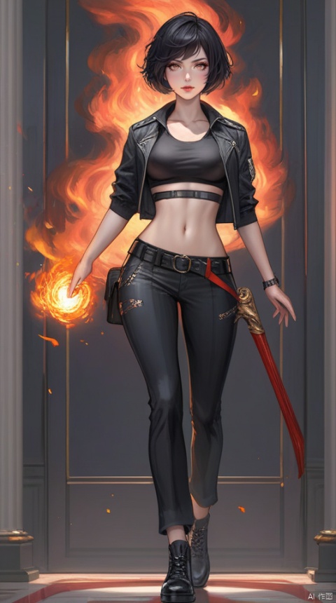  (best quality), ((masterpiece)), (highres), illustration, original, extremely detailed,1girl, solo, black hair, navel, midriff, pants, full body, black pants, fire, weapon, standing, belt, black footwear, short hair