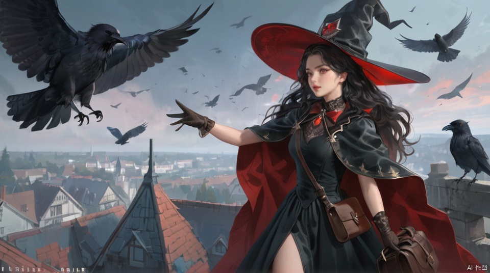  (best quality), ((masterpiece)), (highres), illustration, original, extremely detailed, 1girl, hat, crow, bird, long hair, red eyes, witch hat, black hair, gloves, dress, witch, bag, artist name, black dress, blurry, black gloves, capelet, weapon