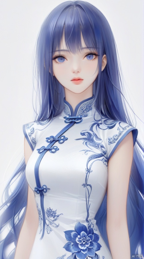 (best quality), ((masterpiece)), (highres), illustration, original, extremely detailed,1girl, solo, long hair, expressionless, looking at viewer, chinese clothes, blue eyes, dress, blue hair, closed mouth, white background, upper body, white dress
