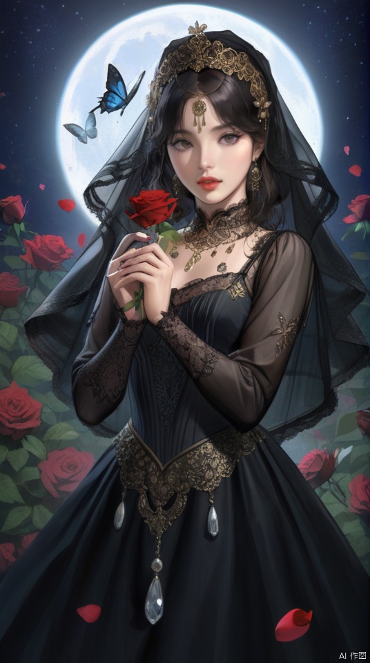 (best quality), ((masterpiece)), (highres), illustration, original, extremely detailed,1girl, veil, solo, flower, looking at viewer, moon, holding flower, rose, holding, petals, bug, butterfly, black hair, jewelry, dress, night, nail polish, star \(symbol\), sky, upper body, parted lips