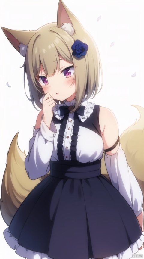  (best quality), ((masterpiece)), (highres), illustration, original, extremely detailed,solo, 1girl, flower, purple eyes, white background, hair flower, hair ornament, breasts, animal ears, tail, parted lips, bare shoulders, detached sleeves, long sleeves, bow, black bow, puffy sleeves, looking away, dress, bangs, hand up, blush, simple background, sleeveless, petals, brown hair, white dress, white sleeves, rose, frills, grey dress, puffy long sleeves, black flower, sleeveless dress, medium breasts, fox tail, animal ear fluff, sleeves past wrists, blue flower, fox ears, short hair